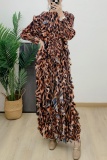 Khaki Vacation Evening Bohemian Print One-Shoulder Long Sleeve Layered Ruffles Maxi Dress