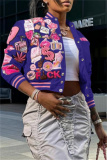Pink Casual Graphic Print Striped Trim Button up Long Sleeve Varsity Jacket Outerwear