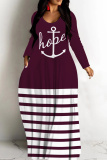 Green Casual Stripe Letter Print Long Sleeve V Neck Floor Length Loose Vacation Baggy Loose Maxi Dress