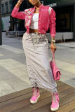 Pink Casual Graphic Print Striped Trim Button up Long Sleeve Varsity Jacket Outerwear