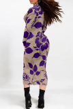 Black White Floral Print Half A Turtleneck Long Sleeve Casual Street Wrap Pencil Midi Dress