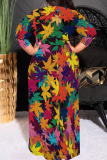 Red Yellow Floral Bohemian Print O Neck 3/4 Sleeve Long Casual Plus Size Vacation Maxi Dresses