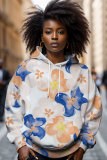 Blue Orange Casual Floral Print Draw String Hooded Collar Long Sleeve Fall Winter Sweatshirts Tops