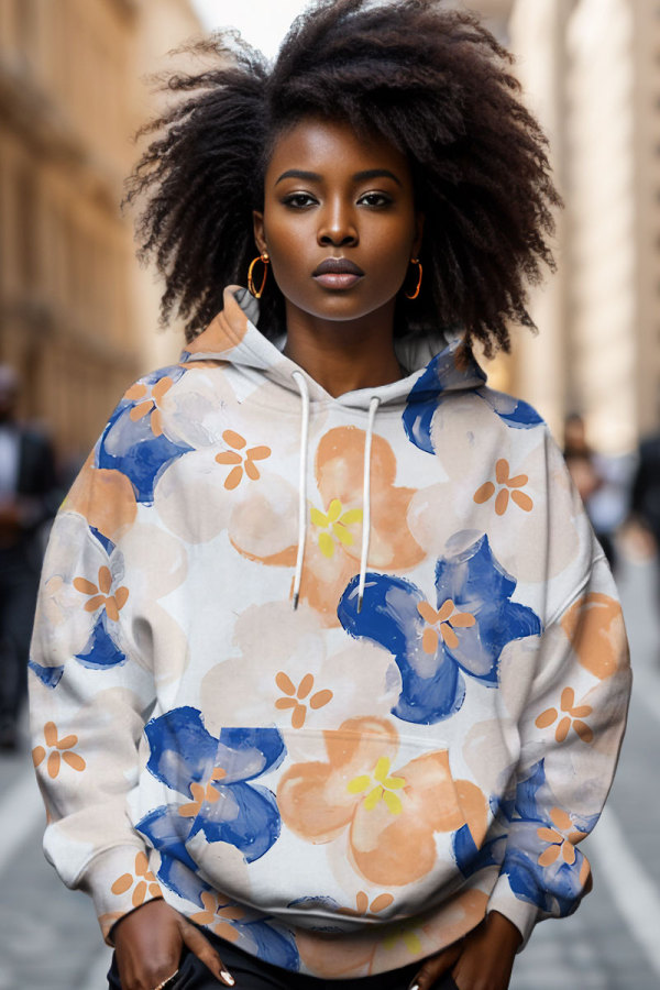 Blue Orange Casual Floral Print Draw String Hooded Collar Long Sleeve Fall Winter Sweatshirts Tops