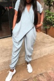 Blue Vacation Loose Casual Lace Up V Neck Short Sleeve Harem Jumpsuits