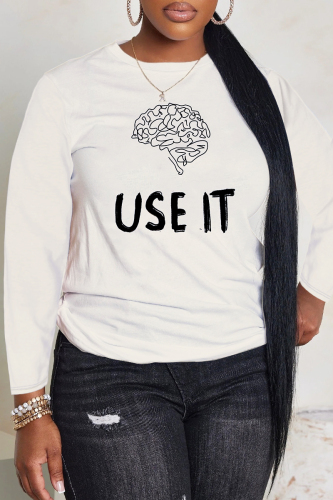 Off-white Casual Loose Letter Print Round Neck Long Sleeve T-Shirts Tops