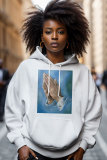 White Casual Hand Print Draw String Hooded Collar Long Sleeve Fall Winter Sweatshirts Tops