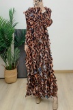 Khaki Vacation Evening Bohemian Print One-Shoulder Long Sleeve Layered Ruffles Maxi Dress