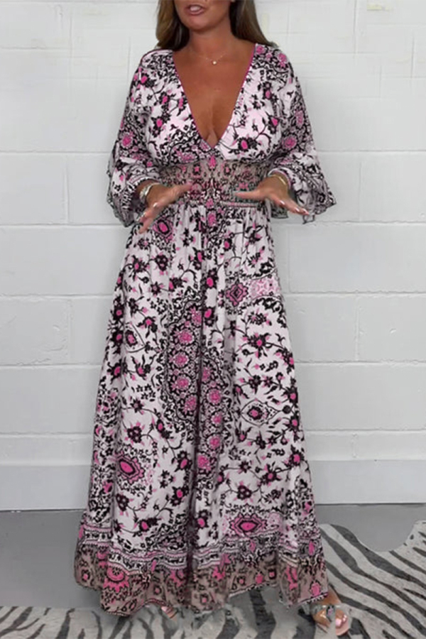 Pink Vacation Casual Floral Print Waisted Ruffle V Neck Long Flare Sleeve Wide Leg Loose Jumpsuits