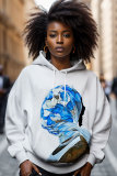 White Casual Hand Print Draw String Hooded Collar Long Sleeve Fall Winter Sweatshirts Tops