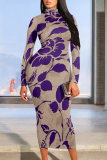 Black White Floral Print Half A Turtleneck Long Sleeve Casual Street Wrap Pencil Midi Dress