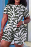 Green Casual Floral Leaf Print Round Neck Short Sleeve T-shirt and Shorts Two Pieces Matching Sets