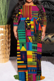 Green Purple Geometric Bohemian Print O Neck 3/4 Sleeve Long Casual Plus Size Vacation Maxi Dresses