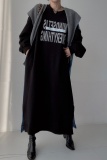 Apricot Long Sleeve Contrast Panel Oversized Graphic Sweatshirt Denim Maxi Dress