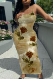Tan Casual Floral Print Sleeveless Backless Spaghetti Strap Long Bodycon Maxi Slip Dress