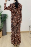 Khaki Vacation Evening Bohemian Print One-Shoulder Long Sleeve Layered Ruffles Maxi Dress
