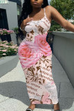 Tan Casual Floral Print Sleeveless Backless Spaghetti Strap Long Bodycon Maxi Slip Dress