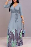 Haze Blue Floral Print V Neck 3/4 Sleeve Lace Up Summer Outings Vacation Straight Loose Maxi Dress