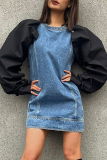 Blue Patchwork Contrast Round Neck Puff Sleeves Casual Outing Denim Mini Dress