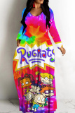 Lake Green Casual Cartoon Print Long Sleeve V Neck Floor Length Loose Vacation Baggy Loose Maxi Dress