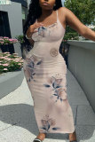 Tan Casual Floral Print Sleeveless Backless Spaghetti Strap Long Bodycon Maxi Slip Dress