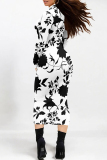 Black White Floral Print Half A Turtleneck Long Sleeve Casual Street Wrap Pencil Midi Dress