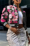 Pink Casual Graphic Print Striped Trim Button up Long Sleeve Varsity Jacket Outerwear