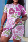 Green Casual Floral Leaf Print Round Neck Short Sleeve T-shirt and Shorts Two Pieces Matching Sets