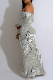 Grey Floral Fishtail Print Off Shoulder Long Flutter Sleeve Mermaid Hem Vacation Boho Style Maxi Dresse