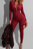 Wine Red Party Nightclub Casual Zipper Collar Long Sleeve Skinny Jumpsuits