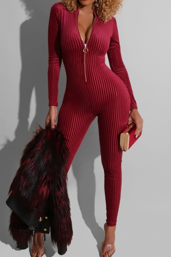 Wine Red Party Nightclub Casual Zipper Collar Long Sleeve Skinny Jumpsuits