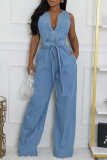 Light Blue Casual Pocket Strap Design Belted Round Neck Zip-up Sleeveless Wide Leg  Loose Denim Vest Jumpsuits