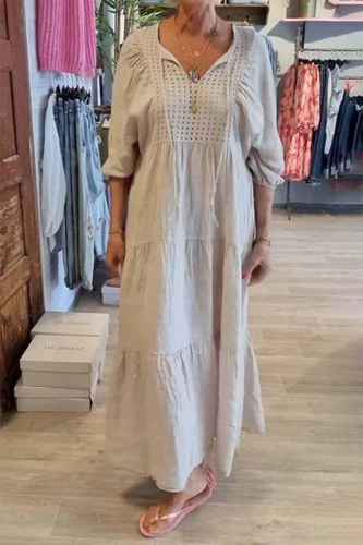 Dark Gray Bohemian Taupe V Neck Half Sleeve Oversized Fit Button Detai Casual Lounge A Line Maxi Dress