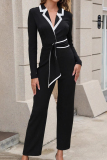 Black Office Lady Formal Party Club Contrast Belted Turn-back Collar V Neck Long Sleeve Straight Leg Skinny Jumpsuits