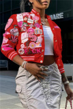 Pink Casual Graphic Print Striped Trim Button up Long Sleeve Varsity Jacket Outerwear