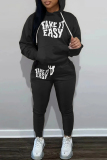 Apricot Sportwear Casual Letter Print Hooded Long Sleeve Sweatshirt and Pencil Sweatpants Fall Winter Two Pieces Sweatsuits Sets