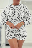 Blue Grey Casual Abstarct Print Round Neck Long Sleeve Sweatshirt and Shorts Two Pieces Matching Sets
