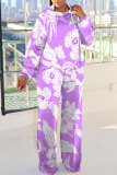 Blue Purple Casual Abstract Floral Print Hooded Long Sleeve Sweatshirt and Straight Leg Sweatpants Fall Winter Two Pieces Sweatsuit Sets