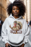 White Red Thanksgiving Day Casual Turkey Print Draw String Hooded Collar Long Sleeve Fall Winter Sweatshirts Tops
