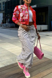 Pink Casual Graphic Print Striped Trim Button up Long Sleeve Varsity Jacket Outerwear