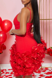 Red Evening Party Gown 3D Floral Appliques Deep V-Neck Spaghetti Strap Asymmetrical Hem Bodycon Mini Slip Dress