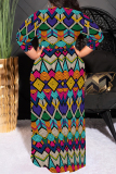 Green Purple Geometric Bohemian Print O Neck 3/4 Sleeve Long Casual Plus Size Vacation Maxi Dresses
