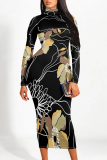 Black White Floral Print Half A Turtleneck Long Sleeve Casual Street Wrap Pencil Midi Dress