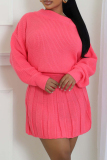 Rose Red Casual Backless Off Shoulder Long Lantern Sleeve Sweater Tops and Pleated Mini Skirts Fall Winter Two Pieces Dress Sets