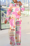 Blue Purple Casual Abstract Floral Print Hooded Long Sleeve Sweatshirt and Straight Leg Sweatpants Fall Winter Two Pieces Sweatsuit Sets
