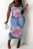 Light Blue Casual Floral Print Sleeveless Backless Spaghetti Strap Long Bodycon Maxi Slip Dress