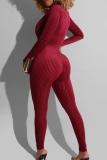 Wine Red Party Nightclub Casual Zipper Collar Long Sleeve Skinny Jumpsuits