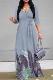 Haze Blue Floral Print V Neck 3/4 Sleeve Lace Up Summer Outings Vacation Straight Loose Maxi Dress