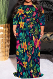 Red Yellow Floral Bohemian Print O Neck 3/4 Sleeve Long Casual Plus Size Vacation Maxi Dresses