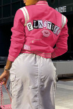 Pink Casual Graphic Print Striped Trim Button up Long Sleeve Varsity Jacket Outerwear